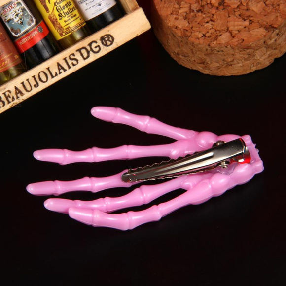 New Hot Pink Skeleton Hand Hair Clips Barrettes - Picture 3 of 3